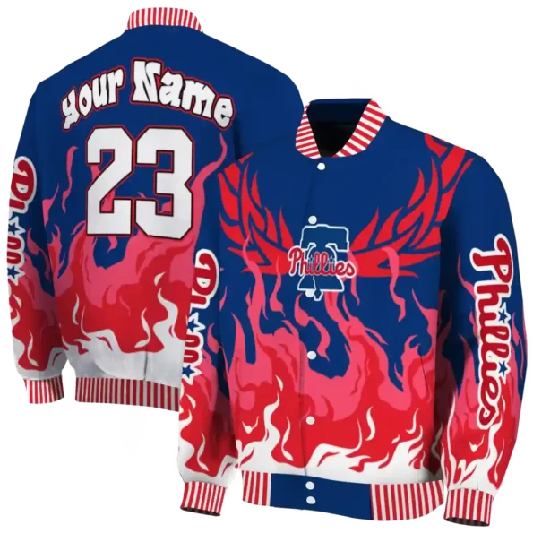 personalized philadelphia phillies winged blaze blue white varsity jacket fashion forward