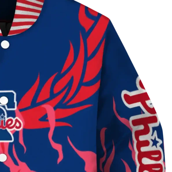 personalized philadelphia phillies winged blaze blue white varsity jacket premium grade