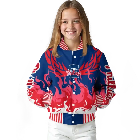 personalized philadelphia phillies winged blaze blue white varsity jacket top rated