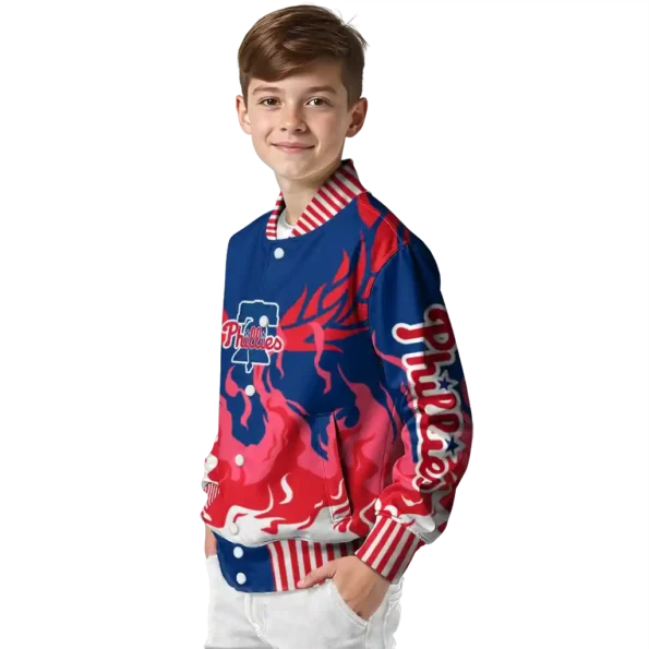 personalized philadelphia phillies winged blaze blue white varsity jacket trendy