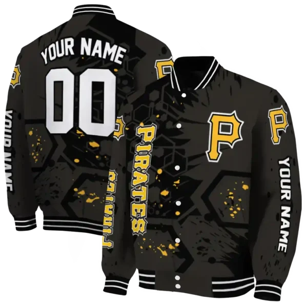 personalized pittsburgh pirates hexagon cluster black varsity jacket fashion forward