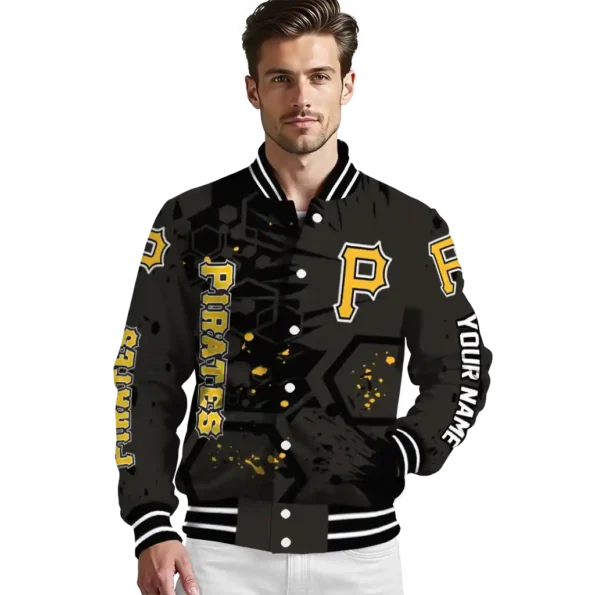 personalized pittsburgh pirates hexagon cluster black varsity jacket high quality