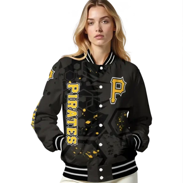 personalized pittsburgh pirates hexagon cluster black varsity jacket latest model