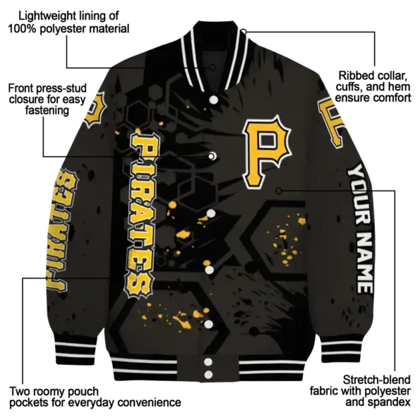 personalized pittsburgh pirates hexagon cluster black varsity jacket new arrival