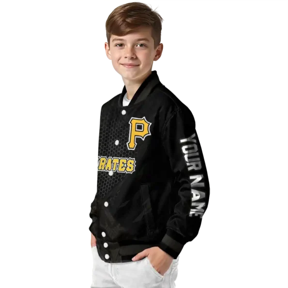 personalized pittsburgh pirates hexagon mesh black varsity jacket trendy