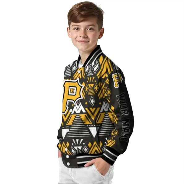 personalized pittsburgh pirates pyramid shapes black varsity jacket trendy