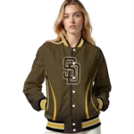 personalized san diego padres chevron arrow brown varsity jacket best selling
