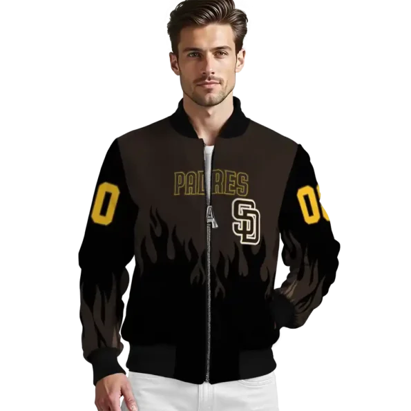 personalized san diego padres flame border brown black bomber jacket high quality