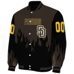 personalized san diego padres flame border brown black varsity jacket best selling