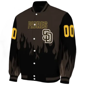 personalized san diego padres flame border brown black varsity jacket best selling