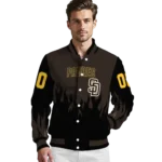 personalized san diego padres flame border brown black varsity jacket best selling