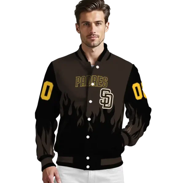 personalized san diego padres flame border brown black varsity jacket high quality
