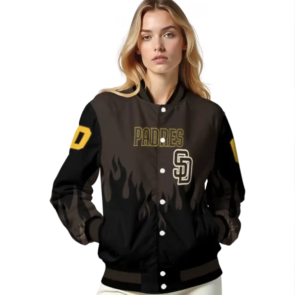 personalized san diego padres flame border brown black varsity jacket latest model