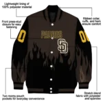 personalized san diego padres flame border brown black varsity jacket best selling