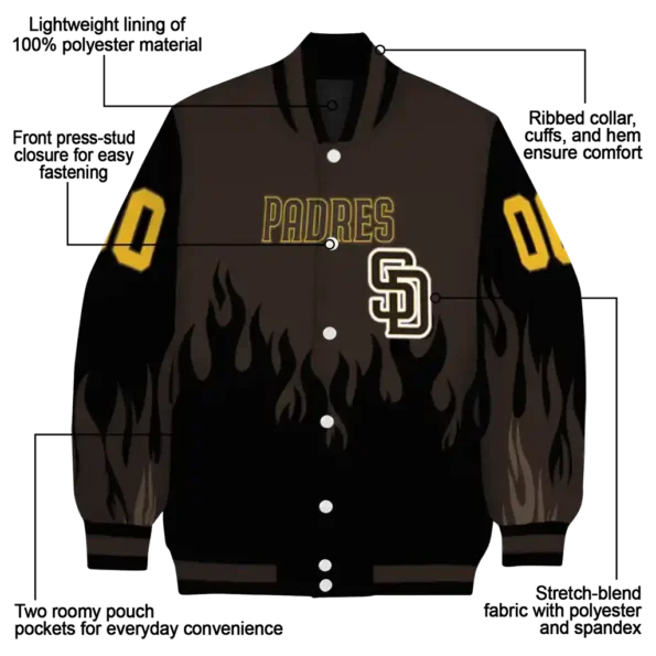 personalized san diego padres flame border brown black varsity jacket new arrival