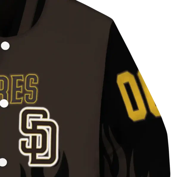 personalized san diego padres flame border brown black varsity jacket premium grade