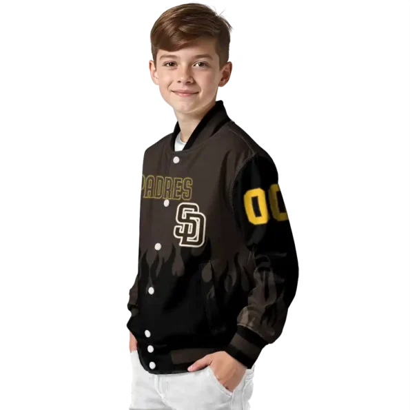 personalized san diego padres flame border brown black varsity jacket trendy