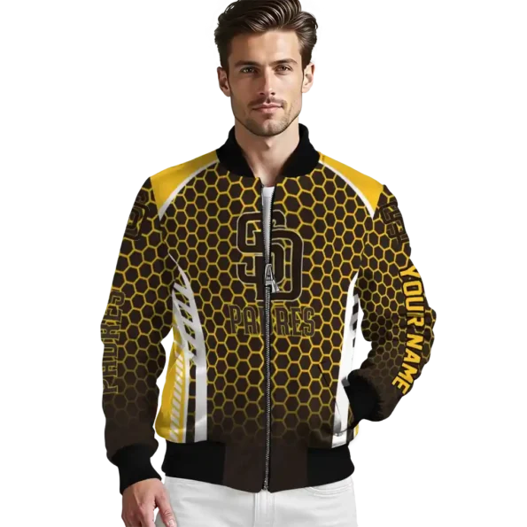 personalized san diego padres hexagon grid brown bomber jacket high quality