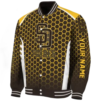personalized san diego padres hexagon grid brown varsity jacket best selling