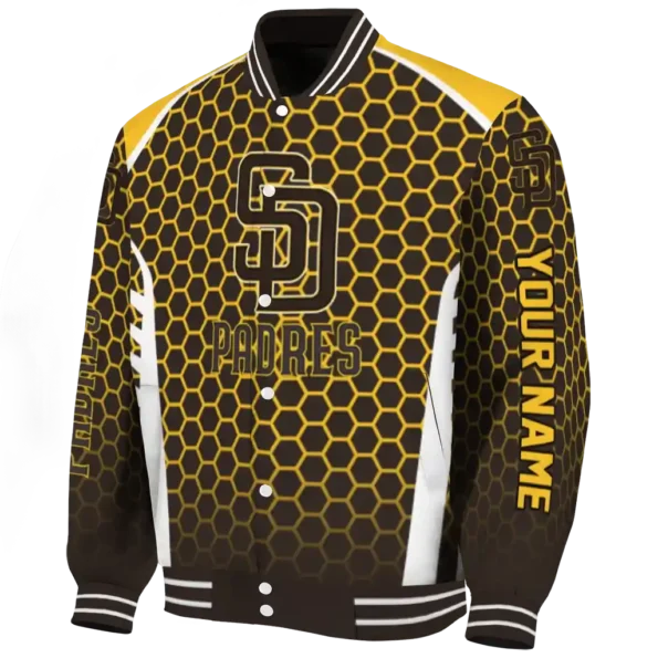 personalized san diego padres hexagon grid brown varsity jacket best selling