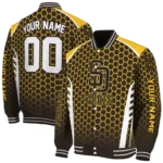 personalized san diego padres hexagon grid brown varsity jacket best selling