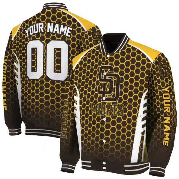 personalized san diego padres hexagon grid brown varsity jacket fashion forward