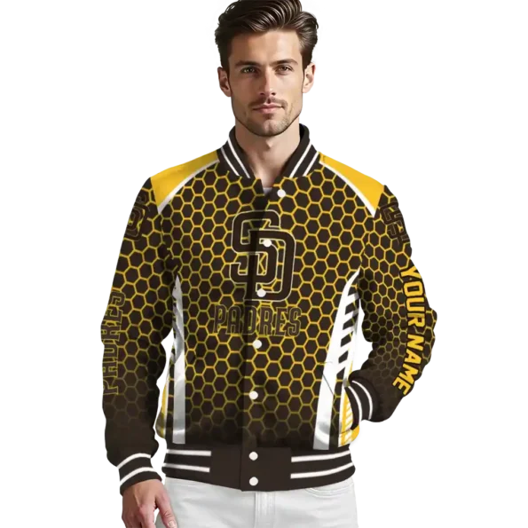 personalized san diego padres hexagon grid brown varsity jacket high quality