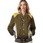 personalized san diego padres hexagon grid brown varsity jacket best selling