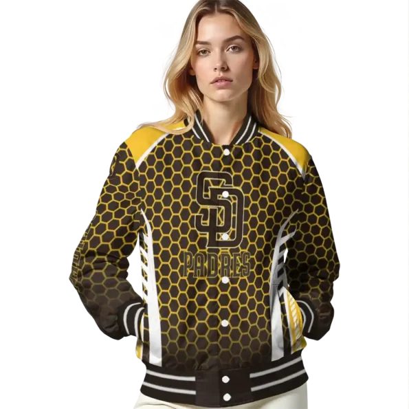 personalized san diego padres hexagon grid brown varsity jacket latest model