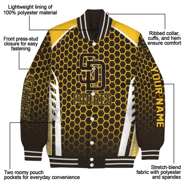 personalized san diego padres hexagon grid brown varsity jacket new arrival