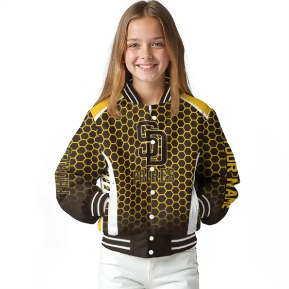 personalized san diego padres hexagon grid brown varsity jacket top rated