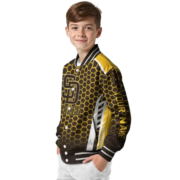 personalized san diego padres hexagon grid brown varsity jacket trendy
