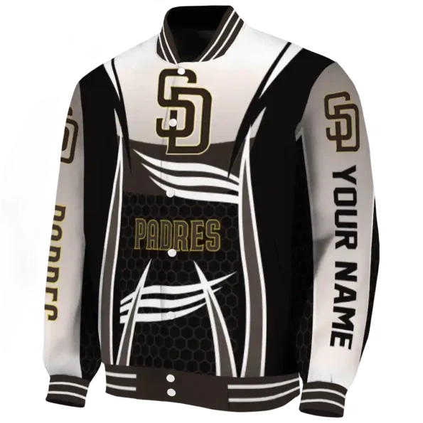 personalized san diego padres mesh effect brown black varsity jacket best selling