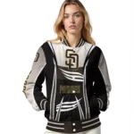 personalized san diego padres mesh effect brown black varsity jacket best selling