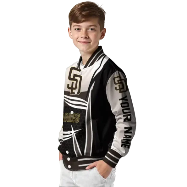 personalized san diego padres mesh effect brown black varsity jacket trendy
