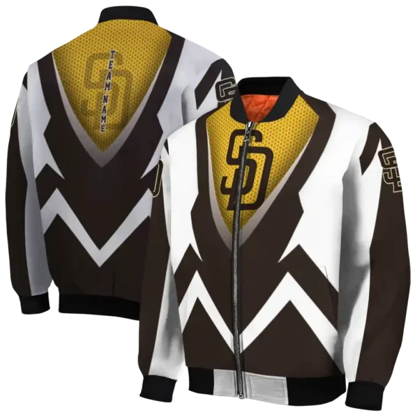 personalized san diego padres v stripes brown white bomber jacket fashion forward