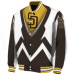 personalized san diego padres v stripes brown white varsity jacket best selling