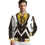 personalized san diego padres v stripes brown white varsity jacket best selling