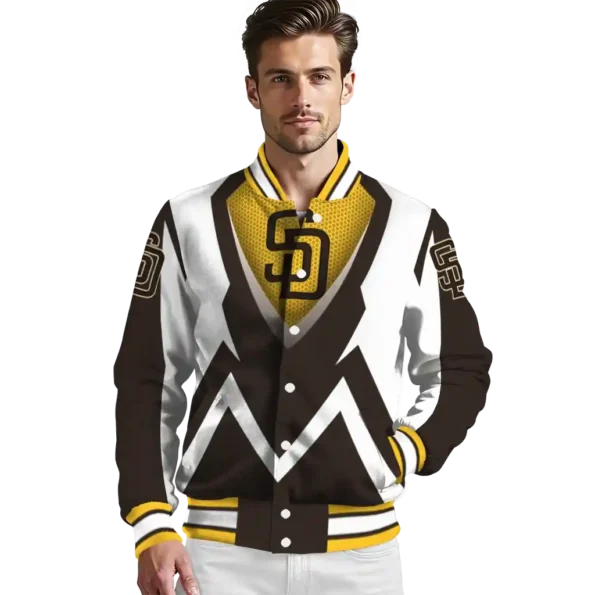 personalized san diego padres v stripes brown white varsity jacket high quality