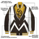personalized san diego padres v stripes brown white varsity jacket best selling