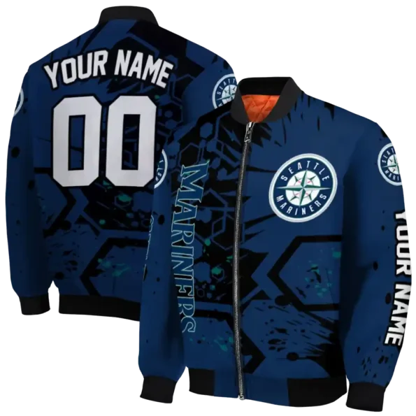 personalized seattle mariners hexagon cluster navy blue black bomber jacket fashion forward