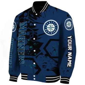 personalized seattle mariners hexagon cluster navy blue black varsity jacket best selling