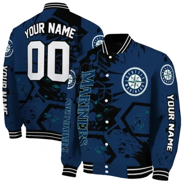 personalized seattle mariners hexagon cluster navy blue black varsity jacket fashion forward