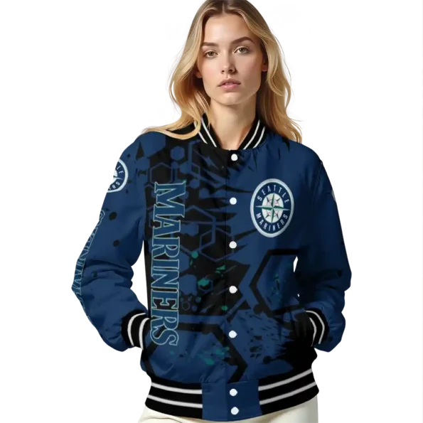 personalized seattle mariners hexagon cluster navy blue black varsity jacket latest model