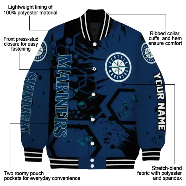 personalized seattle mariners hexagon cluster navy blue black varsity jacket new arrival