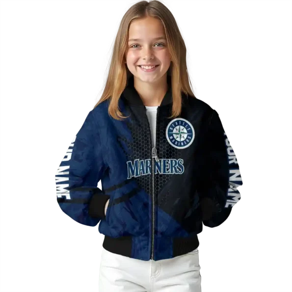personalized seattle mariners hexagon mesh navy blue black bomber jacket top rated
