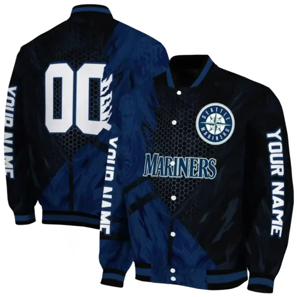 personalized seattle mariners hexagon mesh navy blue black varsity jacket fashion forward