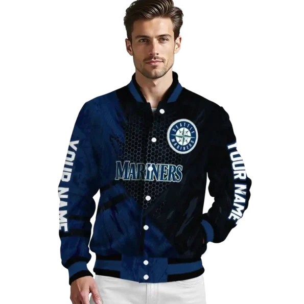 personalized seattle mariners hexagon mesh navy blue black varsity jacket high quality