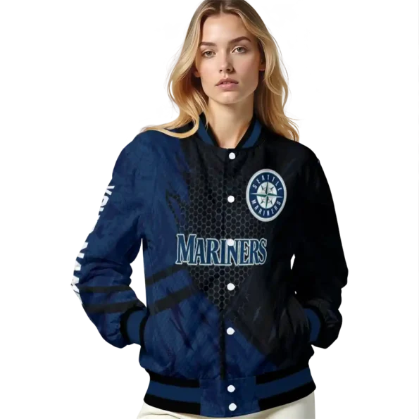 personalized seattle mariners hexagon mesh navy blue black varsity jacket latest model