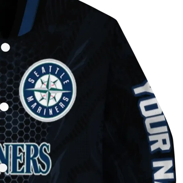 personalized seattle mariners hexagon mesh navy blue black varsity jacket premium grade